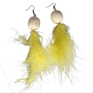 Yellow Feather Statement Earrings White Bead Drop